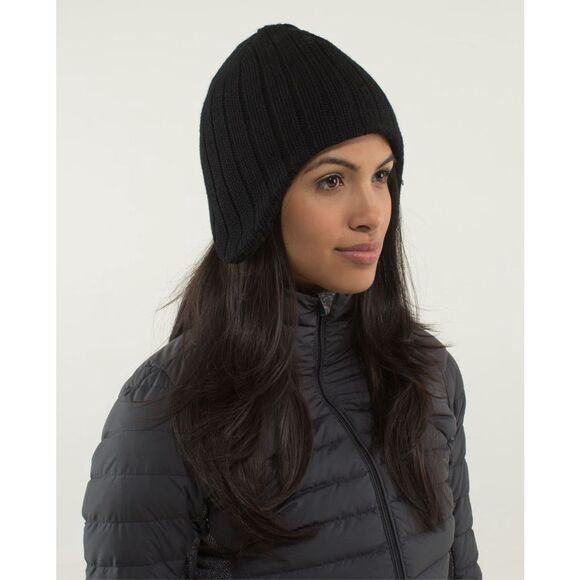 Lululemon Cozy Up Ear Flap Toque Fall Winter Hat Black Merino Wool - Picture 1 of 10